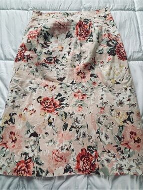 Anthropologie Pink Floral Pencil Skirt with Red and Green Accents